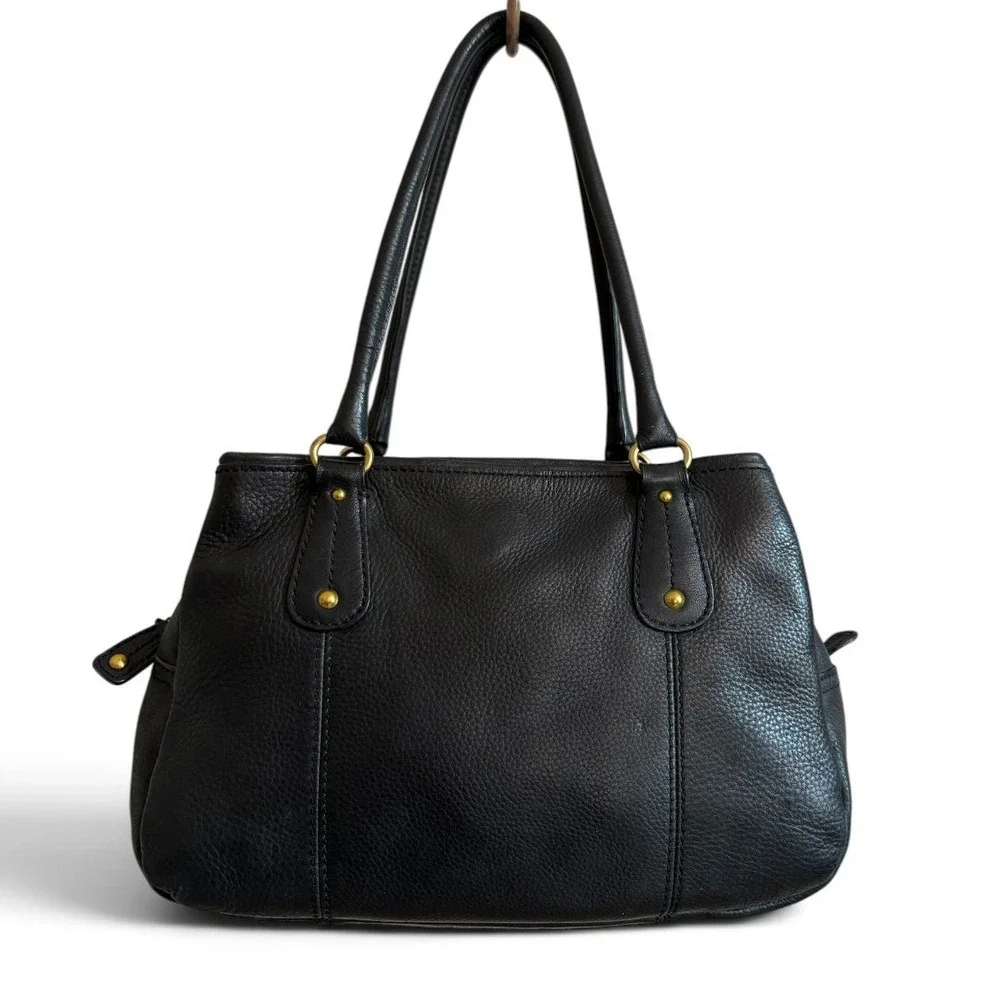 Y2K Fossil Black Pebbled Leather Triple Compartment Shoulder Bag Satchel Brass